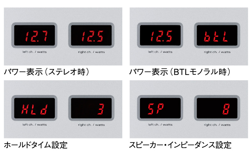 パワー表示（ステレオ時）パワー表示（BTLモノラル時）ホールドタイム設定スピーカー・インピーダンス設定